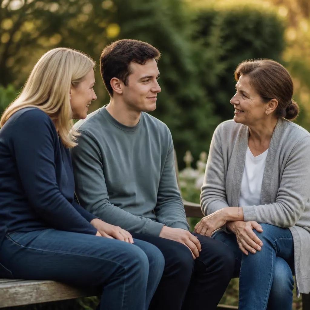 Profissional conversando com uma família em um banco no jardim